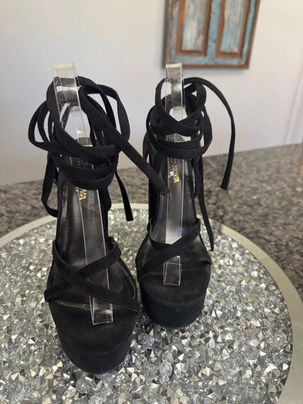 Fashion Nova Black Strappy Lace around ankle Platform Heels